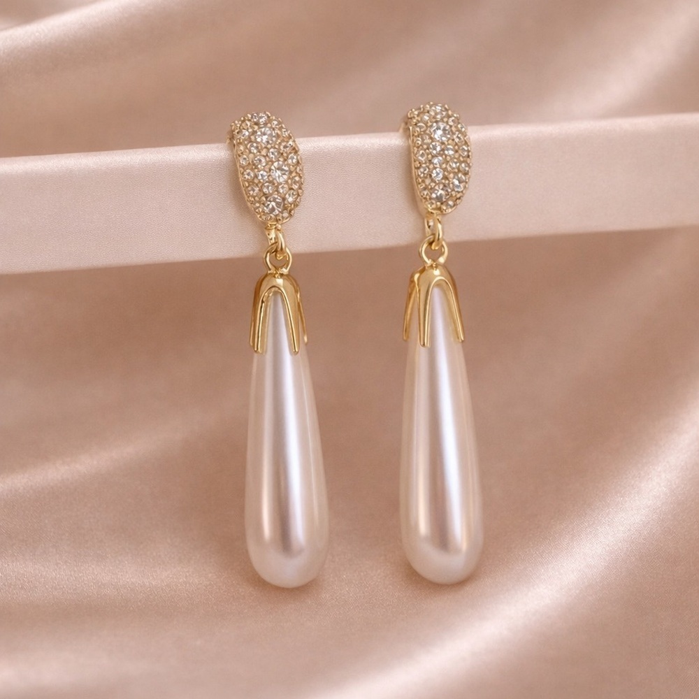 Gold Pavé Pearl Drop Earrings – Champagne Elegance
